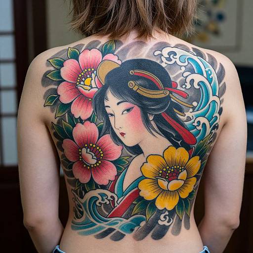 Tattooed back of a woman with a colorful, traditional Japanese-style design featuring a serene geisha surrounded by vibrant flowers and waves.