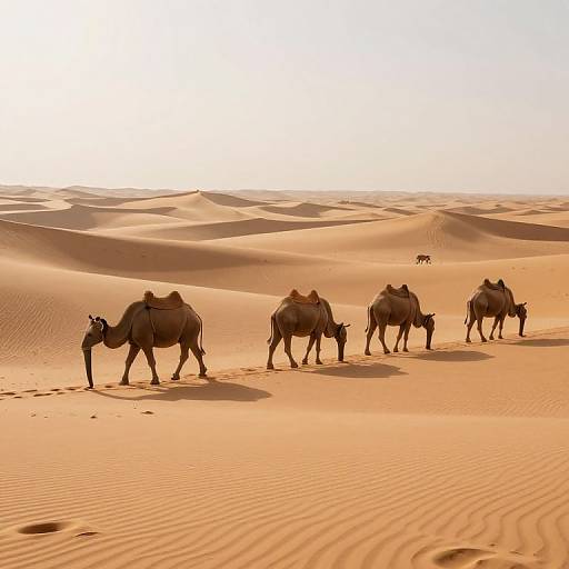 Photograph of four camels with saddles walking in a sunlit, golden desert with rippled sand dunes and a lone antelope in the