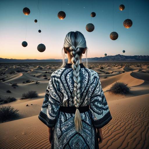 Woman in Bohemian Kimono in Mystical Desert at Twilight Woman in Bohemian Kimono in Mystical Desert at Twilight