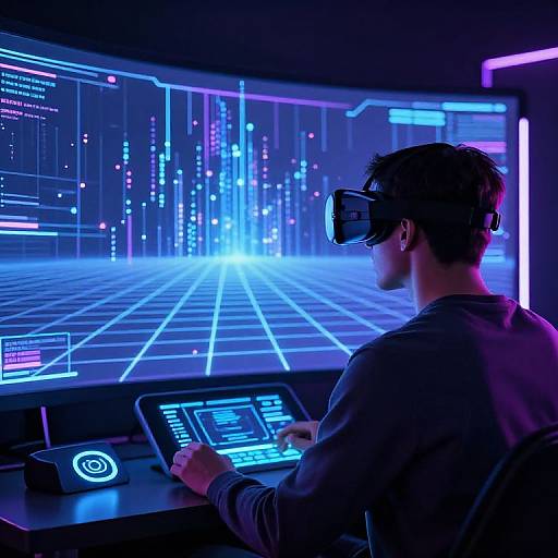 Neon-lit futuristic control room: man in VR headset, blue and purple grid interface, illuminated screens, and control panels, wearing dark shirt.