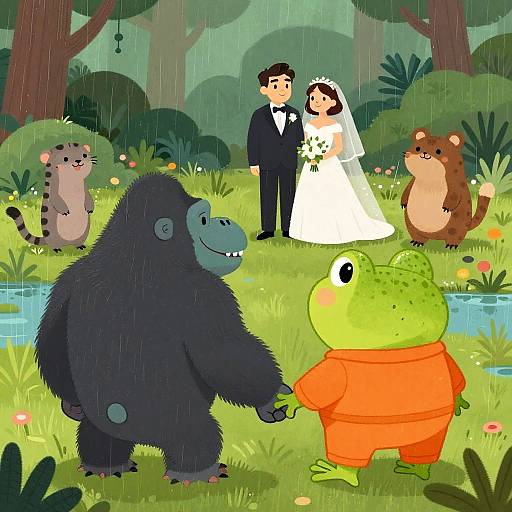 Cartoon forest wedding: Gorilla and green frog holding hands, bride in white dress, groom in black suit, two smiling animals watch. Rainfall