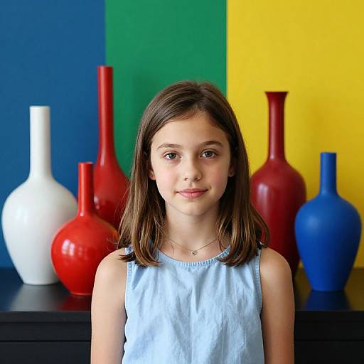 Photograph of a young girl with straight brown hair, wearing a light blue sleeveless top, standing in front of colorful vases (red, white
