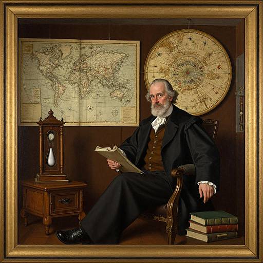 Photograph of an elderly white man with a white beard, wearing a black suit and vest, reading a book in a study with a world map and