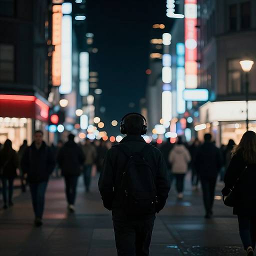 Photograph of a silhouetted person wearing headphones, standing in a bustling neon-lit city street at night, with blurred crowds and vibrant signs