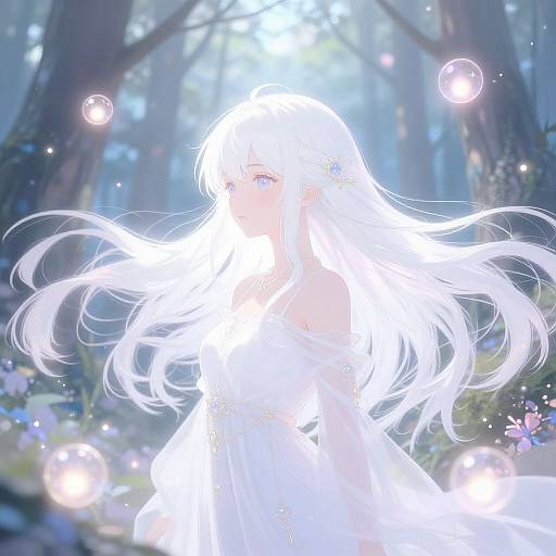 White-Haired Anime Girl in Mystical Forest