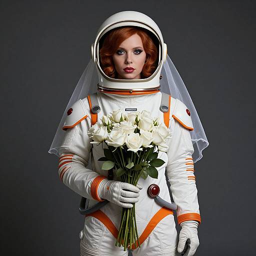 Photograph of a red-haired woman in a white astronaut suit with orange accents, holding a bouquet of white roses, against a dark background. She has