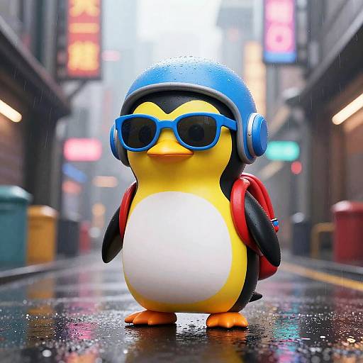 Matte Anime Penguin in Futuristic Rain