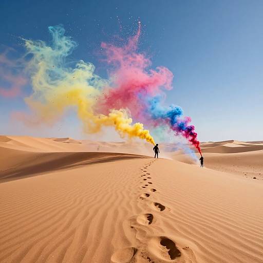 Photograph of two silhouetted figures in a desert, trailing colorful smoke clouds in vibrant yellow, pink, blue, and red hues, with