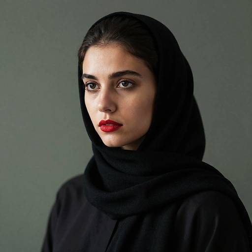 Serious Woman in Black Headscarf Portrait