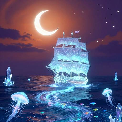 Glowing, luminescent pirate ship sailing on bioluminescent ocean under crescent moon, surrounded by jellyfish and floating crystals, in