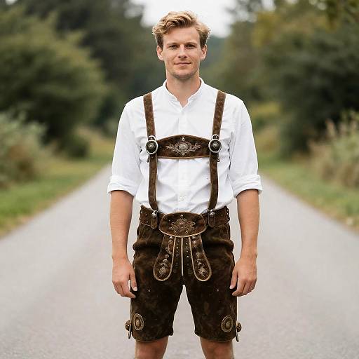 Man in Traditional Bavarian Lederhosen Outfit