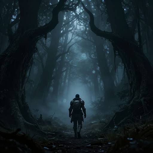 Digital artwork: Silhouetted lone warrior in dark armor walks down a misty, eerie forest path, framed by twisted, shadowy trees under