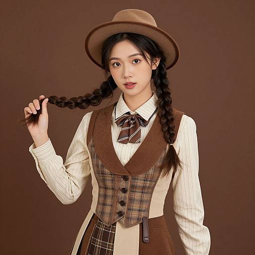 Photograph of an Asian woman with braided hair, wearing a brown hat, plaid vest, white blouse, and brown skirt, against a brown