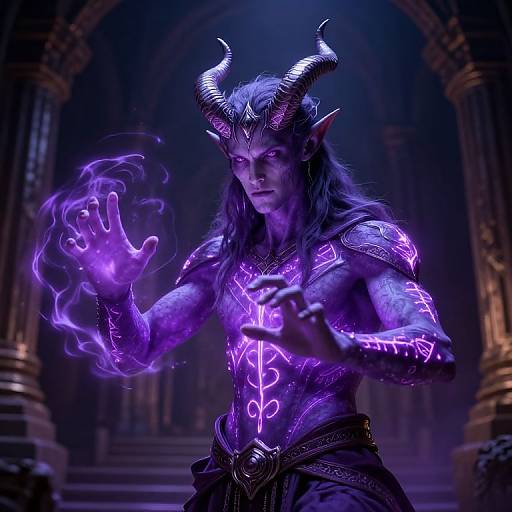 Digital artwork of a muscular, purple-skinned demon with glowing purple tattoos, large horns, and long hair, conjuring purple flames in an ancient,