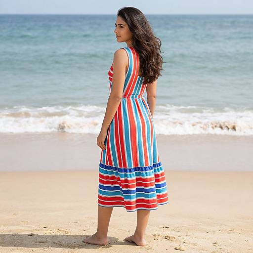Photograph of a pregnant woman with long dark hair, wearing a sleeveless, red, white, and blue striped dress, standing barefoot on a