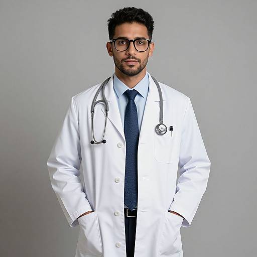 Photograph of a serious, bearded male doctor with dark hair, glasses, white lab coat, blue tie, stethoscope, and hands in