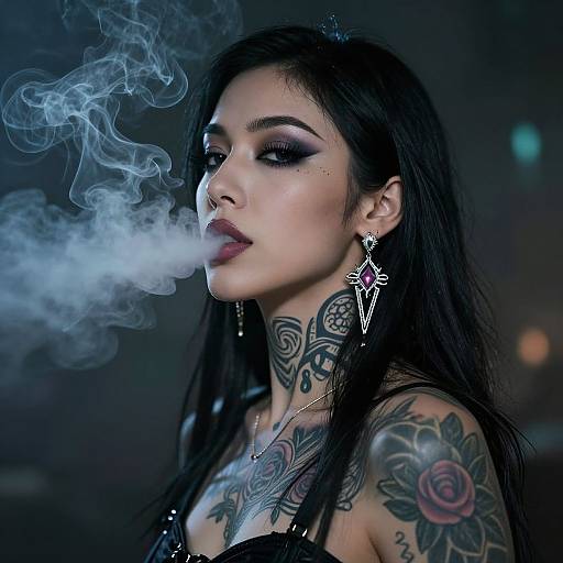 Tattooed woman with long black hair exhales smoke, wearing dark makeup and large earrings, against a dark, blurred urban background. Photographic