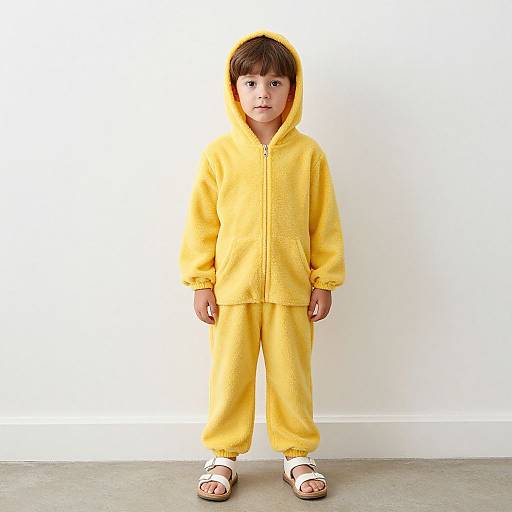 Photograph of a young boy with light skin, brown hair, wearing a bright yellow hooded fleece romper and white sandals, standing against a plain