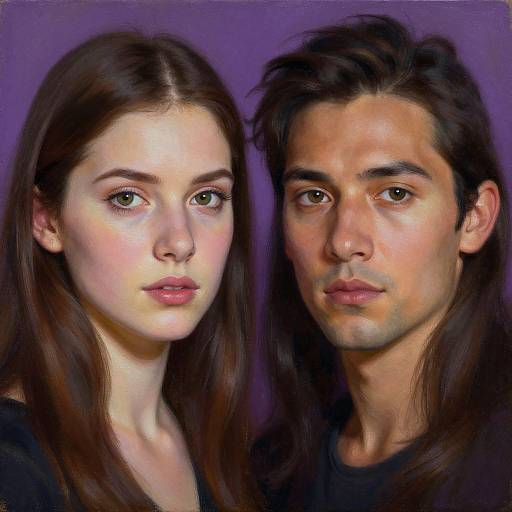 Digital portrait of a fair-skinned, brown-haired woman with green eyes and a dark-haired, olive-skinned man with brown eyes against a purple background