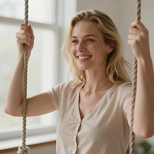 Smiling Blonde Woman on Rope Swing
