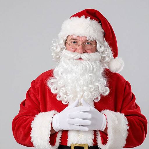 Photograph of a Santa Claus with a white beard, glasses, and red suit with white fur trim, holding his hands together against a plain light blue