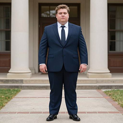 Photograph of a heavyset man in a dark navy suit, white shirt, and black tie, standing confidently in front of a classical building with white