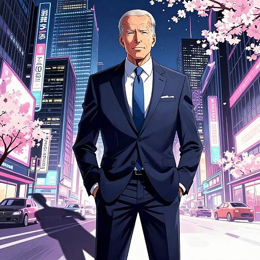 Digital illustration of a stern, middle-aged man in a black suit, standing confidently in a neon-lit, bustling city street with cherry blossom trees.