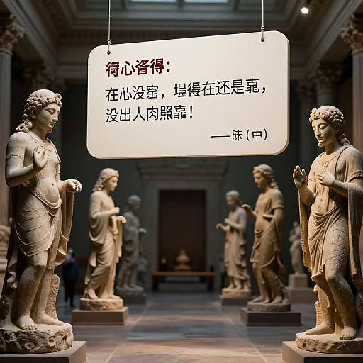 Photograph of ancient Greek-style stone statues in a museum, with a Chinese translation plaque hanging above them. Dimly lit, classical architectural background.