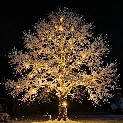 Photograph of a leafless tree illuminated by warm yellow fairy lights, standing in a dark night landscape, creating a magical glow.