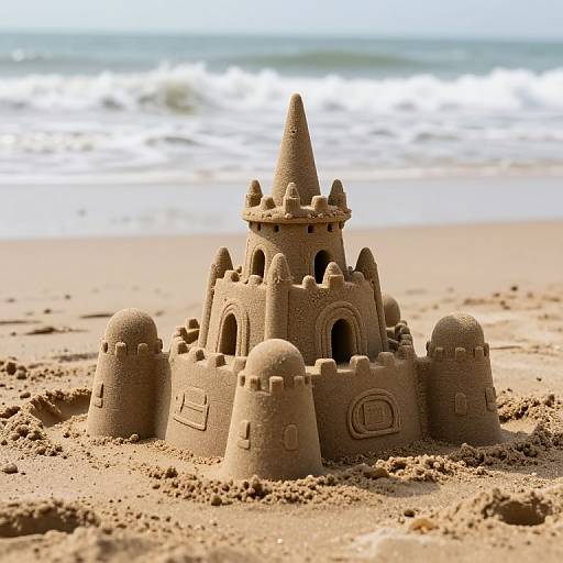 Photograph of an intricate sandcastle with towers and a central spire on a sandy beach, with waves in the background.