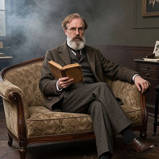 Photograph of an elderly, bearded man with glasses, wearing a dark, textured suit, sitting on an ornate, vintage sofa, reading a
