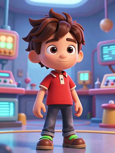 CGI cartoon boy with brown hair, red polo, blue jeans, green shoelaces, standing in futuristic lab with glowing screens.