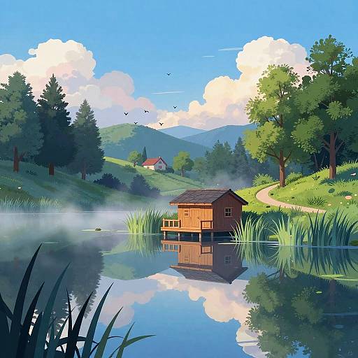 Misty Lakeside Boathouse at Dawn