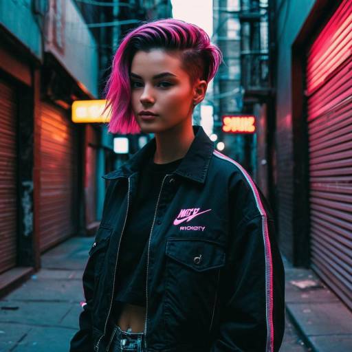 Female Model with Pink Comb Over Fade Hairstyle in Urban Alley