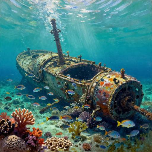Photograph of a sunlit, rusted, underwater shipwreck surrounded by colorful corals and small, vibrant fish in a clear, blue ocean