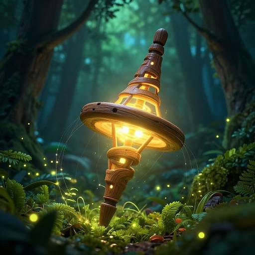 Photorealistic CGI of a glowing, wooden, lantern-like fairy light in a dense, enchanted forest, surrounded by glowing fireflies and lush greenery