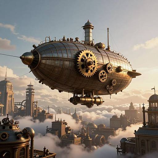 CGI image of a steampunk airship with large gears, floating above a cityscape of intricate, cloud-covered buildings at sunset.