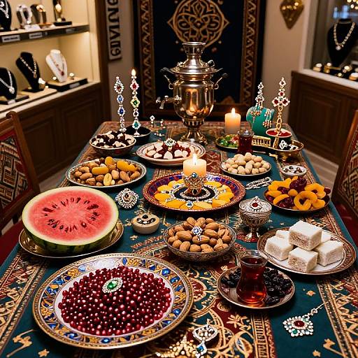 Photograph of a richly decorated Middle Eastern-style dining table with colorful dishes, fruits, nuts, candles, and intricate patterns, set for a festive