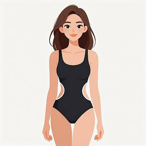 Digital illustration of a smiling young woman with brown hair, wearing a black one-piece swimsuit, standing against a white background.