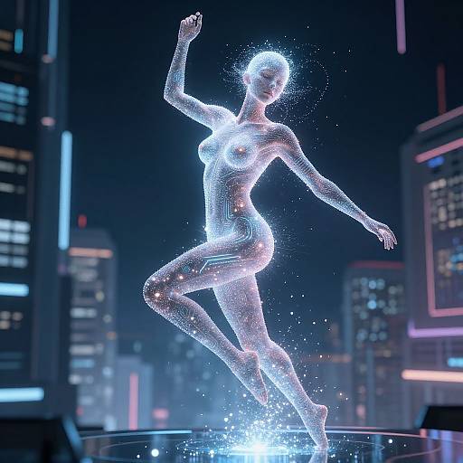 Neon-lit digital hologram of a nude woman dancing on a glowing platform in a futuristic cityscape with illuminated skyscrapers.