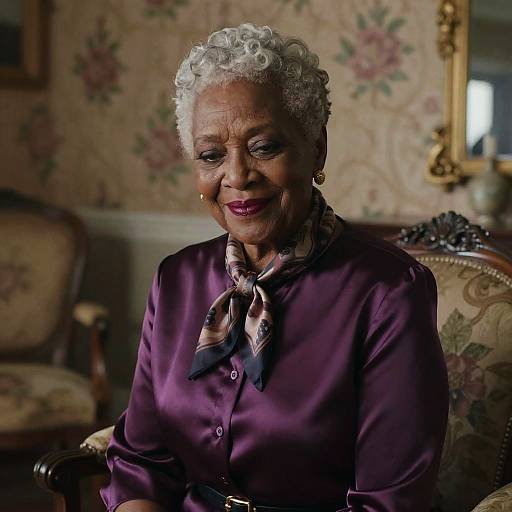 Photograph of an elderly Black woman with short, curly white hair, wearing a purple satin blouse and patterned scarf, smiling in a vintage floral-pattern