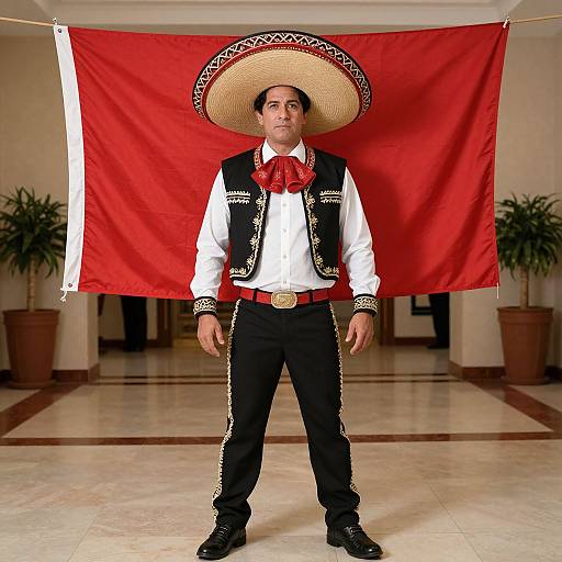Photograph of a young man in traditional Mexican attire, wearing a large sombrero, black vest, white shirt, red bow tie, black pants,