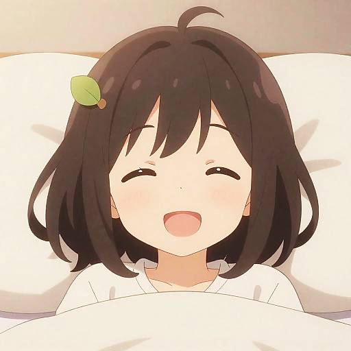 Cheerful Anime Girl with Leaf Hairclip