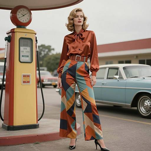 Glamorous 1970s Fashion at Retro Gas Station