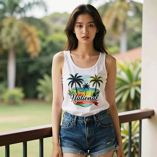 Photograph of a young woman with long dark hair, wearing a white tank top with palm trees and 