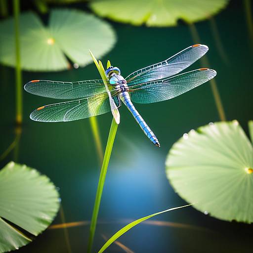 Blue Dragonfly on Pond Plant