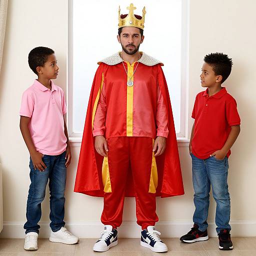 Photograph of a bearded man in a red king costume with golden crown, standing between two boys in pink and red shirts, against a white window