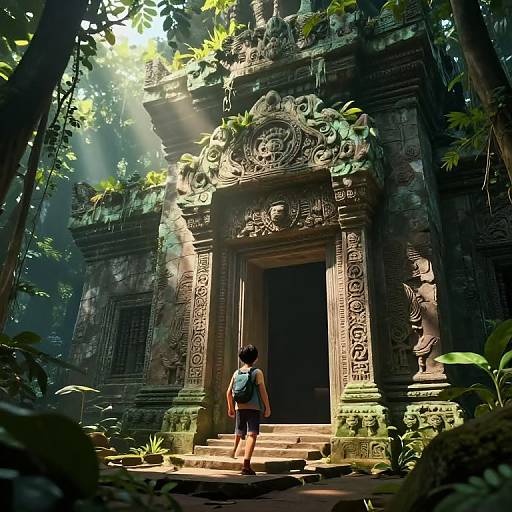 Photograph-like CGI of a young boy with black hair, blue shirt, and brown shorts standing before a sunlit, intricately carved ancient temple door