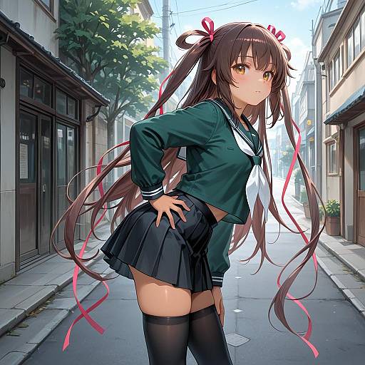 Anime Girl in Green School Uniform on Street