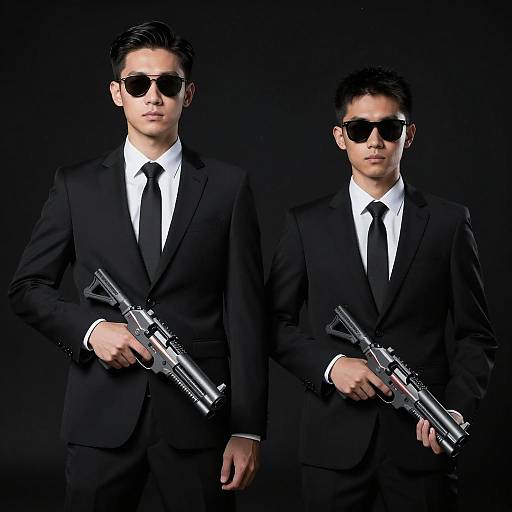 Two Men in Suits Holding Futuristic Laser Guns